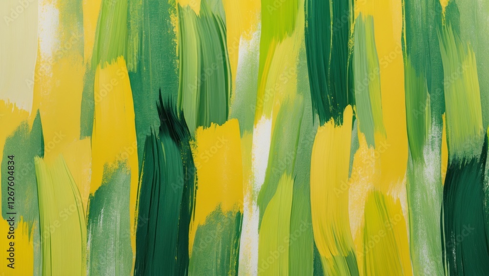 Poster abstract green and yellow paint strokes on canvas background with textured brush patterns and vivid 