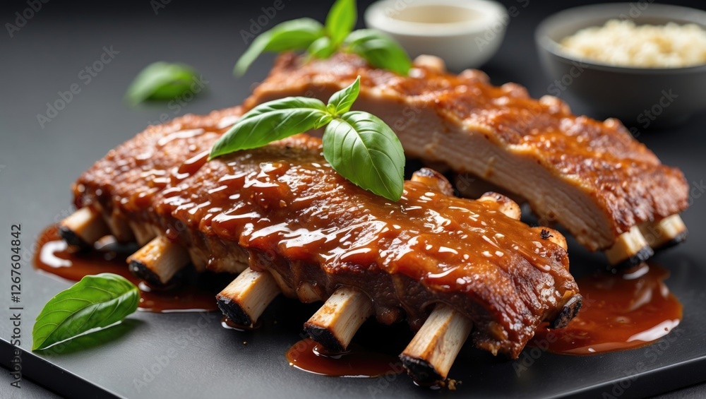 Poster baked pork ribs glazed with barbecue sauce and fresh basil on dark background with space for text an