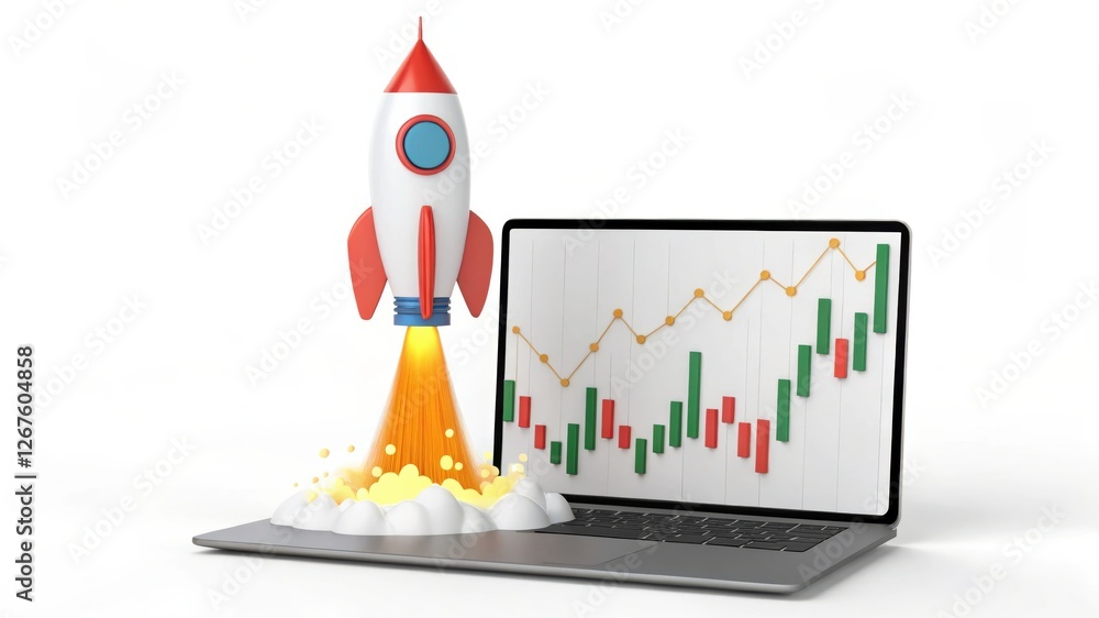 Poster a rocket launching from a laptop screen with growth charts, symbolizing innovation and progress.