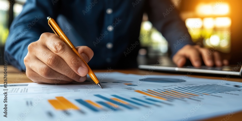 Poster a person analyzes data on a report while writing with a pen, demonstrating business analytics and pr