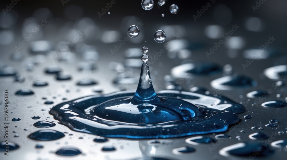 Poster blue water droplet creating ripples on a reflective surface with scattered droplets in the backgroun