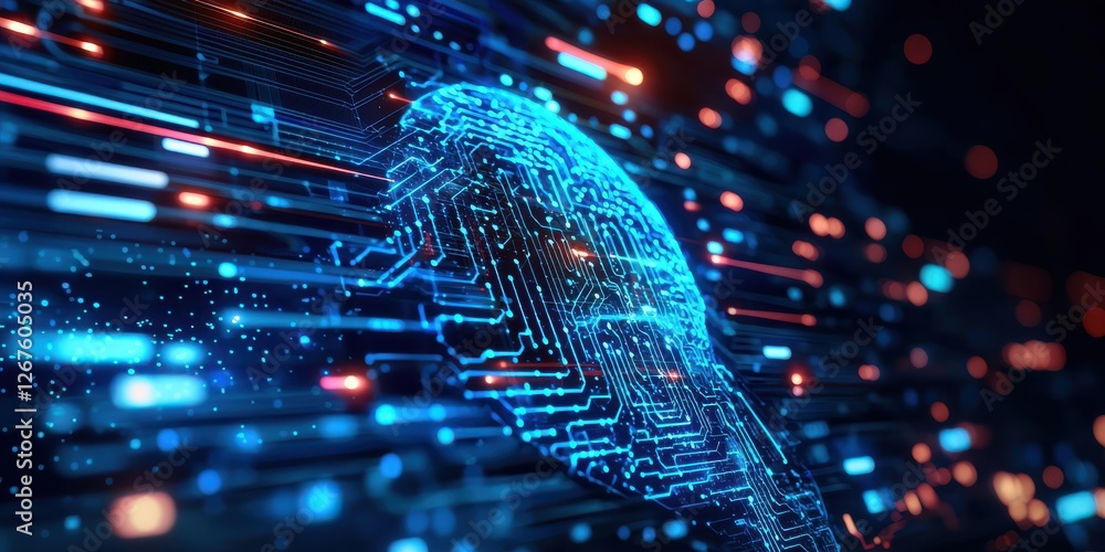 Poster a digital representation of a brain made of circuits, symbolizing artificial intelligence and techno