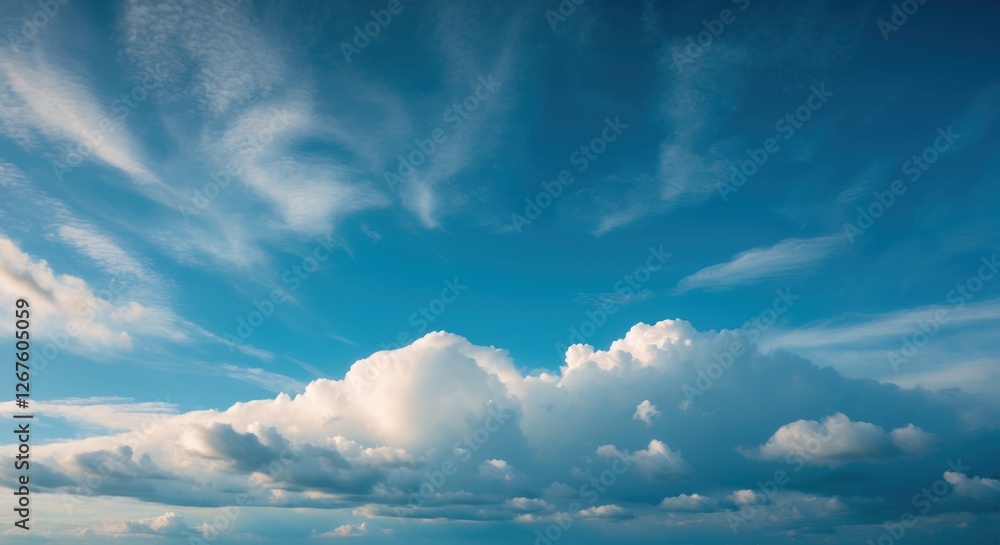 Poster serene blue sky with fluffy clouds exhibiting soft focus and subtle motion blur creating a tranquil 