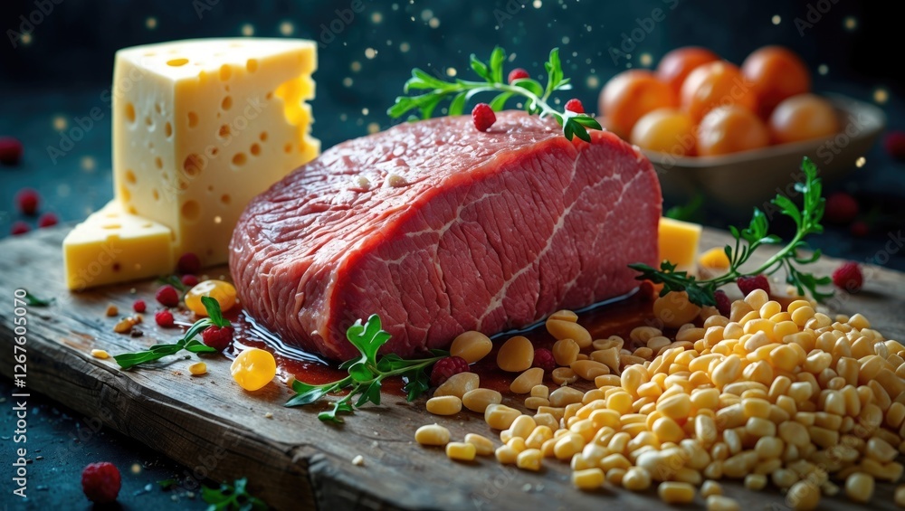 Aufkleber fresh meat and groat cheese displayed with pine nuts and herbs on rustic wooden board with empty spa