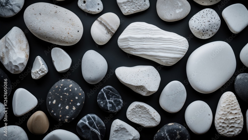 Poster assorted collection of smooth black and white pebbles on dark background with copy space for text pl