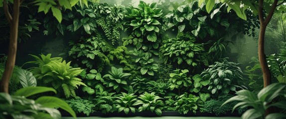 Lush Greenery Wall Featuring Varied Foliage Ideal for Nature-Themed Backgrounds and Decorations with Space for Text Overlay.