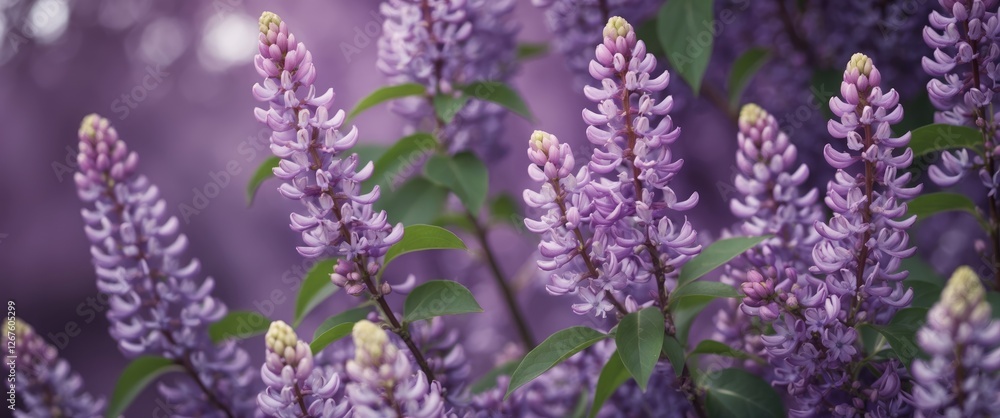 Poster lupinus polyphyllus lilac blossoms with soft focus background and space for text or design elements