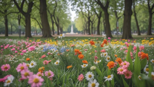 Vibrant Flower Bed in Urban Park Surrounded by Lush Trees and Scenic Pathway