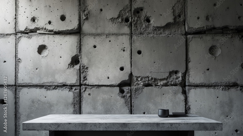 Poster high resolution concrete wall with textured surface and empty stone table top suitable for modern in