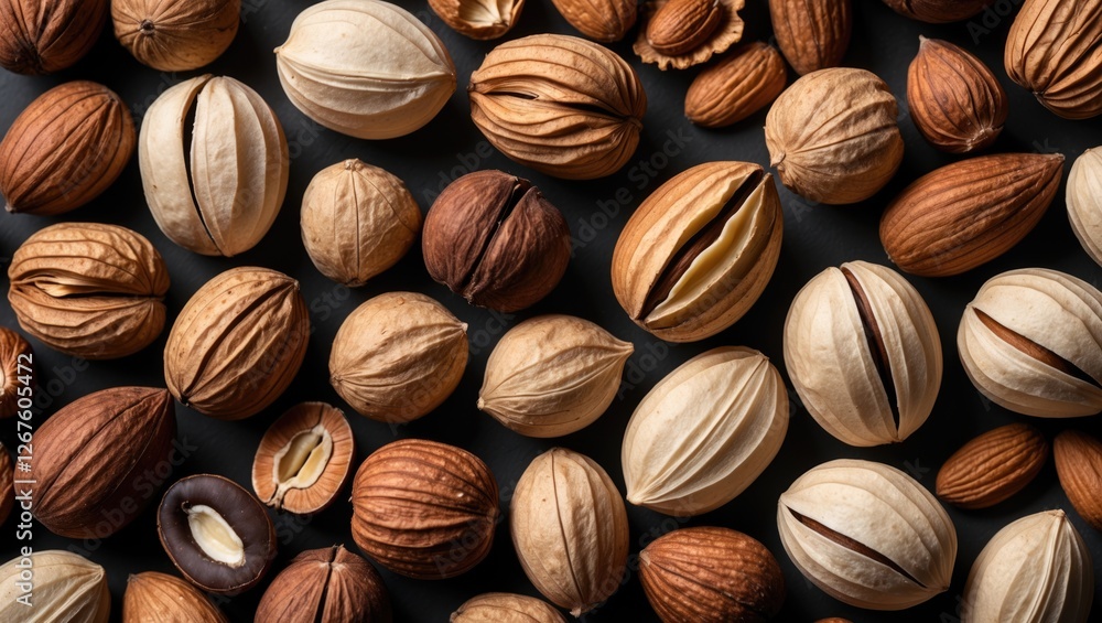 Poster close up view of assorted mixed nuts in their shells arranged on a dark background showcasing hazeln