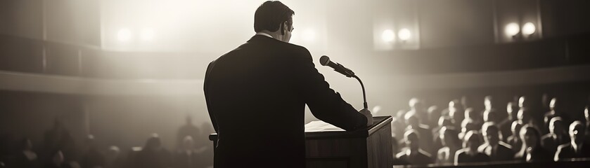 Fototapeta premium A powerful speaker captivates an audience from a podium in a dimly lit conference room, conveying passion and authority
