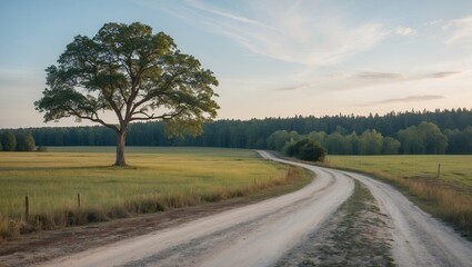 Serene countryside landscape featuring a solitary tree beside a winding dirt road with open grassy fields and a clear blue sky in the background.