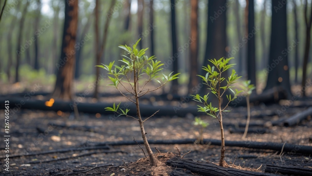 Aufkleber new tree growth after forest fire showcasing resilience with empty space for text overlay