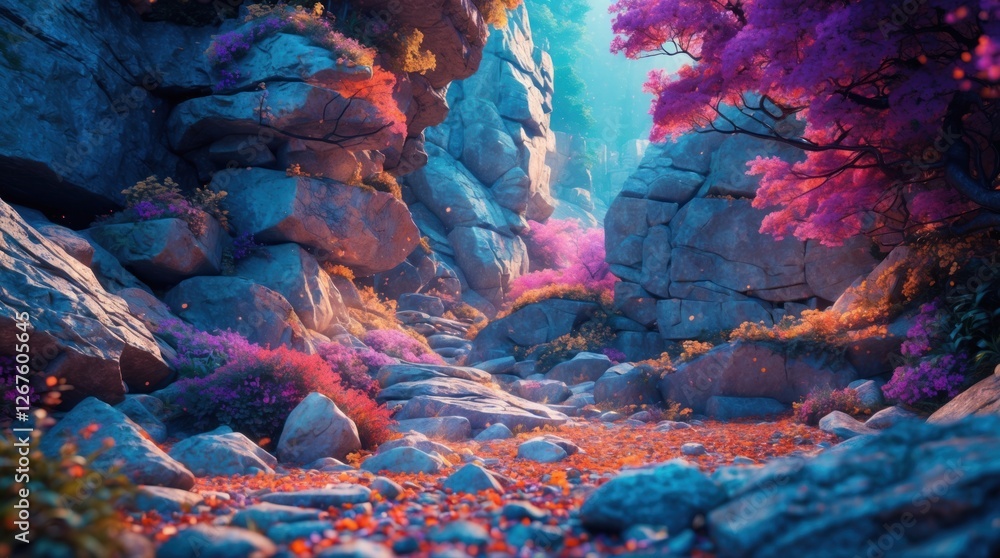 Aufkleber vibrant abstract landscape with colorful foliage and rocks creating a serene natural pathway invitin