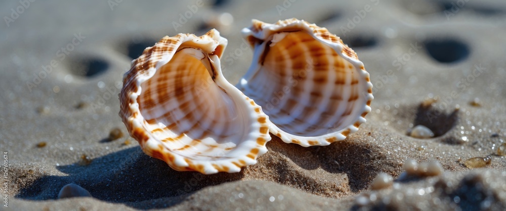 Poster seashells on sandy beach close-up showcasing intricate patterns and texture in natural coastal setti