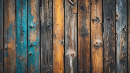 Fototapeta premium Colorful weathered wood texture with vintage tones showcasing blue, orange, and brown hues in a rustic background setting.