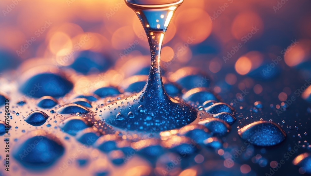 Poster abstract macro shot of vibrant water droplets with smooth reflections and a blurred bokeh background