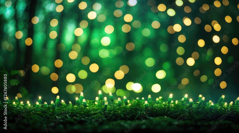 Poster enchanting green bokeh background with soft lights and lush foliage in a serene nature setting for r