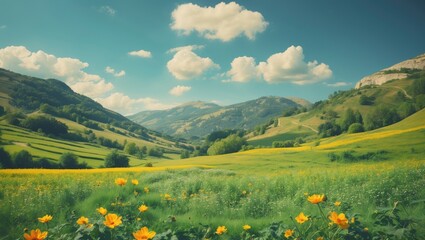 Scenic summer mountain landscape with vibrant fields and flowers under a blue sky ideal for nature-themed backgrounds and text overlays.
