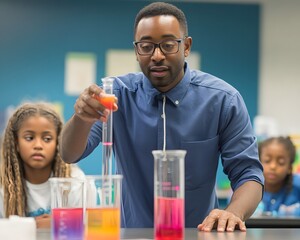 A science teacher demonstrates an engaging experiment with colorful liquids in beakers, inspiring curiosity in young students during a hands-on learning session.