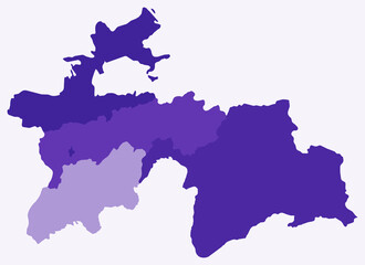 Map of Tajikistan with regions. Just a simple country border map with region division. Deep purple color palette. Plain Tajikistan shape with administrative division. Vector illustration.
