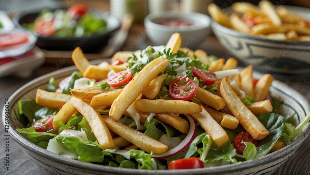 Poster fresh french fries salad with cherry tomatoes and greens served in bowls on table with empty space f