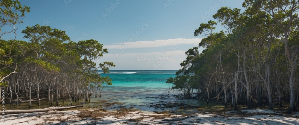 Poster coastal view featuring clear sky with dense mangrove vegetation and glimpse of ocean creating tranqu