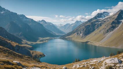 Obraz premium Scenic Mountain Landscape with Tranquil Lake and Clear Blue Sky Ideal for Text Overlay and Nature Inspired Designs