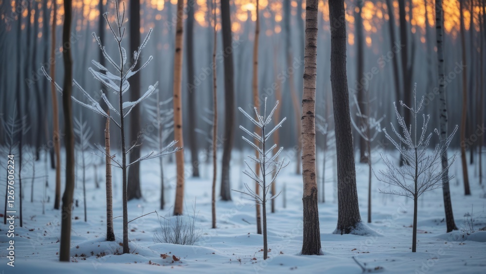 Poster young trees in a winter forest at dusk surrounded by snow and frosty branches creating a serene and 