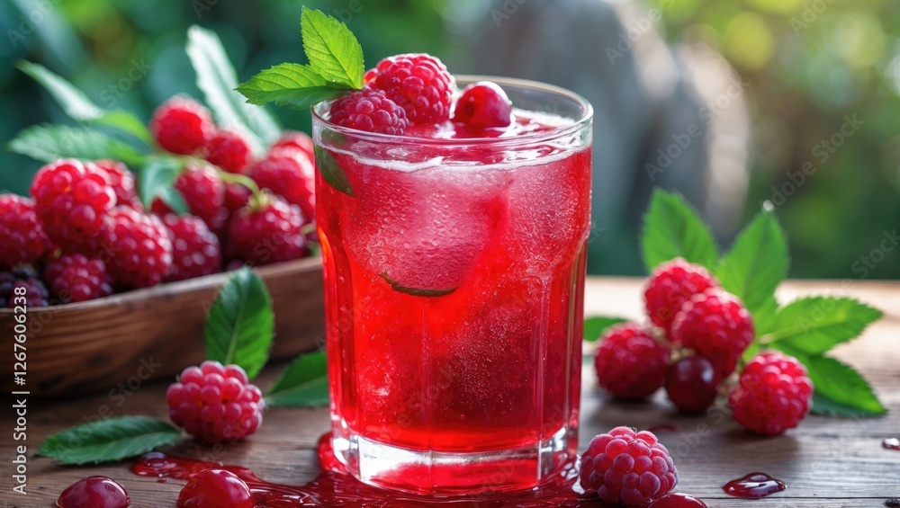 Poster refreshing raspberry beverage with mint garnish in summer setting and copy space for text