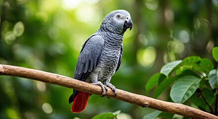 Obraz premium A Grey Parrot Perched on a Branch in a Rainforest, With Its Distinctive Red Tail Feathers Visible 