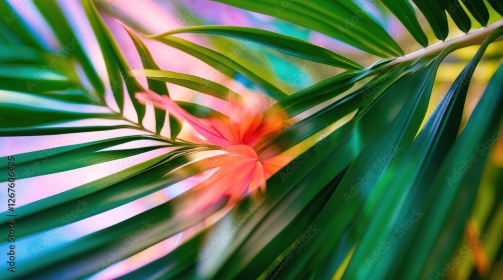 Poster abstract blurred close-up of palm leaves creating a vibrant natural background with colorful hues fo