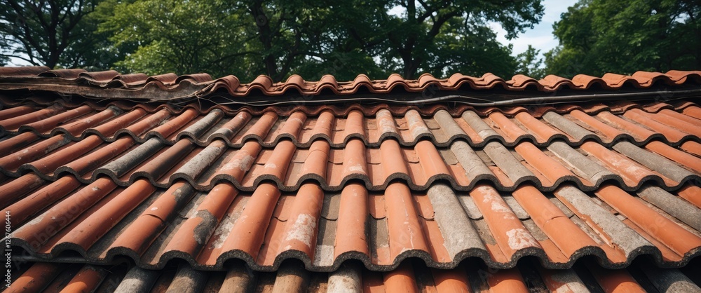 Poster weathered terracotta tile roof with greenery in the background showcasing aged architecture and rust