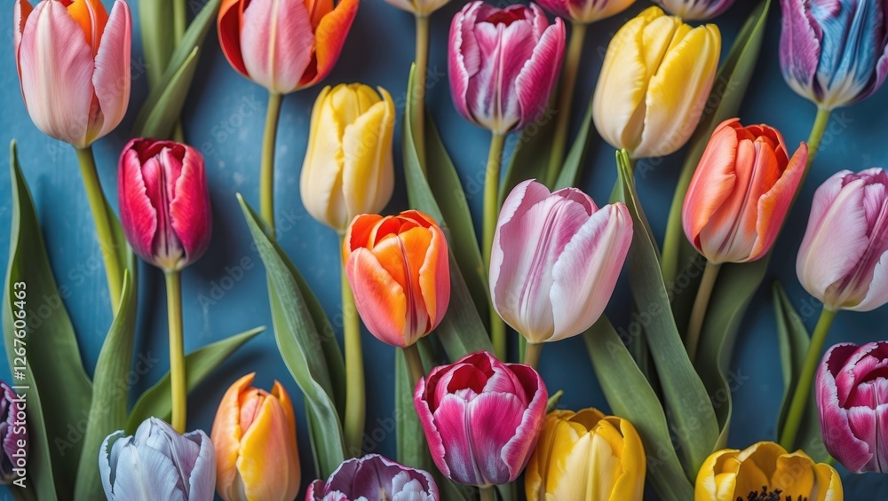 Poster colorful tulips arrangement on blue background with space for custom text and design elements in flo