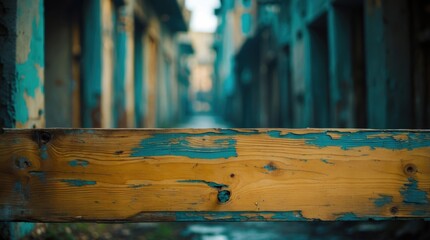 Weathered wooden board with vibrant blue paint, set against a blurred background of abandoned buildings, evoking a sense of nostalgia and decay.