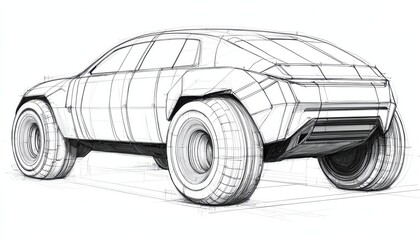 Conceptual sketch of a futuristic vehicle with oversized tires and sleek design.