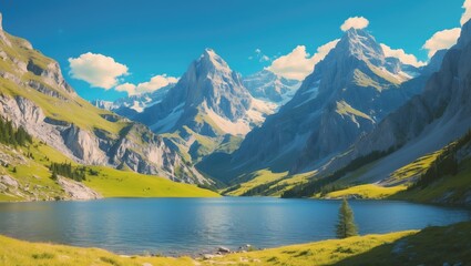 Majestic mountain landscape with towering peaks and serene lake under a bright blue sky on a sunny day in a natural paradise setting.