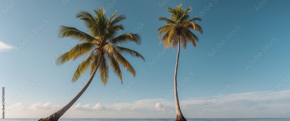Poster coconut trees against clear sky with tranquil ocean view empty space for text ideal for travel desti