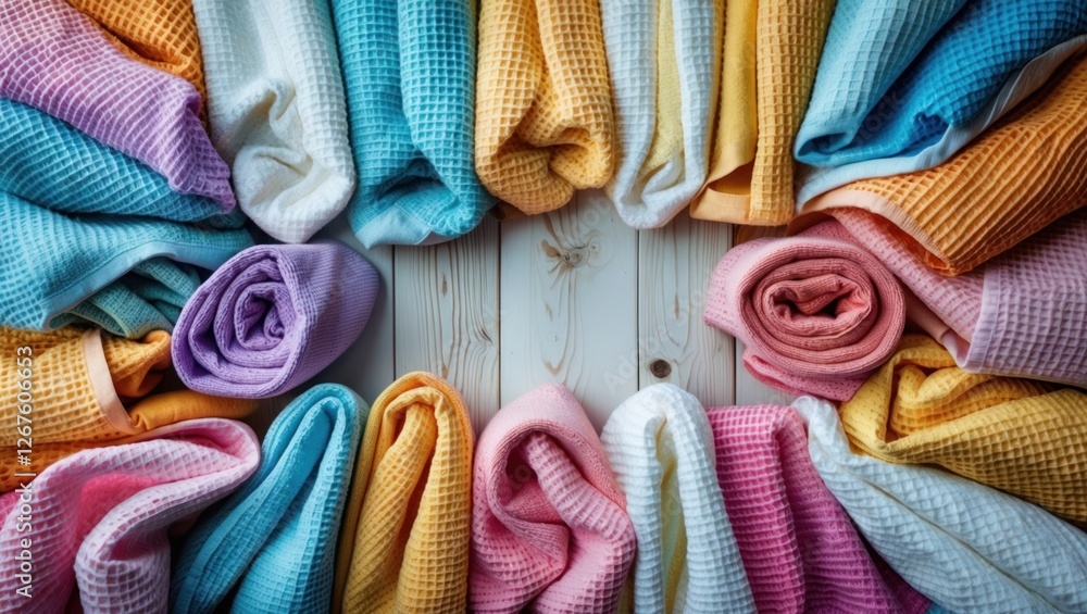 Poster multicolored rolled towels arranged in a circular pattern on light wooden background showcasing text