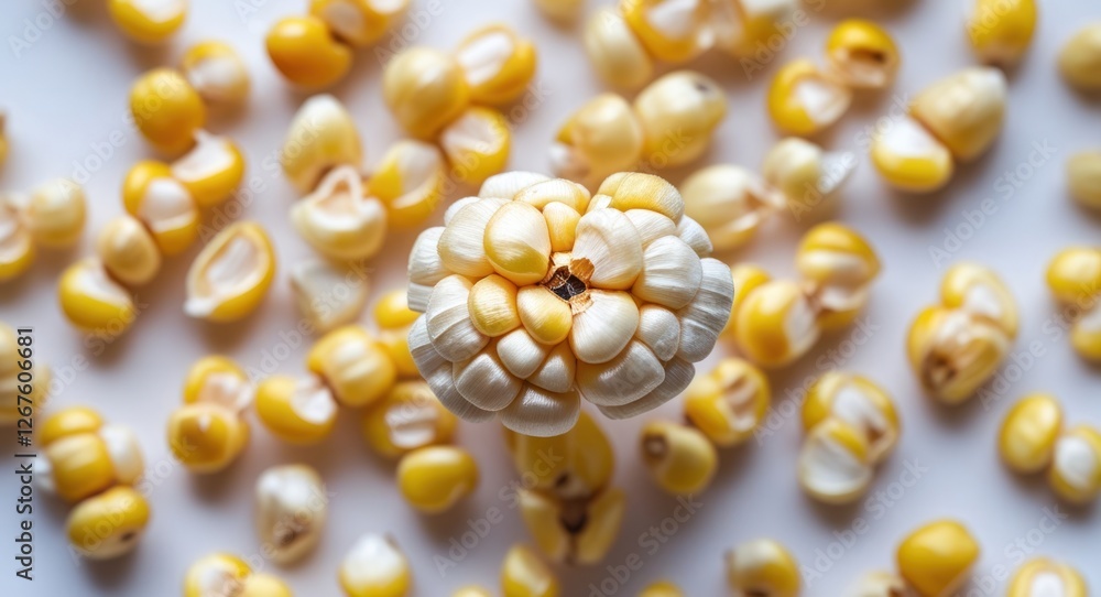 Poster dried corn kernels arranged on a white background highlighting popcorn preparation with a top-down p