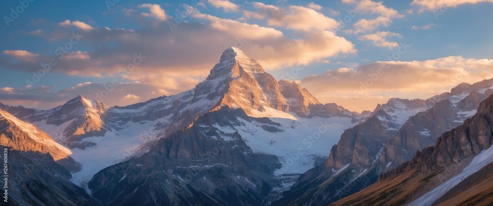 Poster majestic mountain range with snow-capped peaks illuminated by sunrise in national park featuring emp