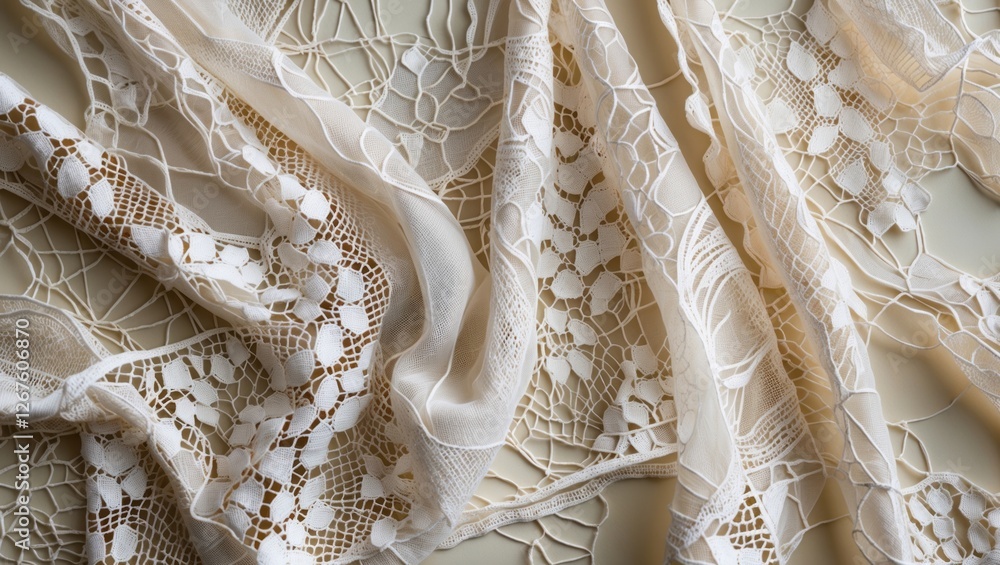 Poster ivory lace fabric texture on a soft beige background showcasing intricate patterns for elegant desig