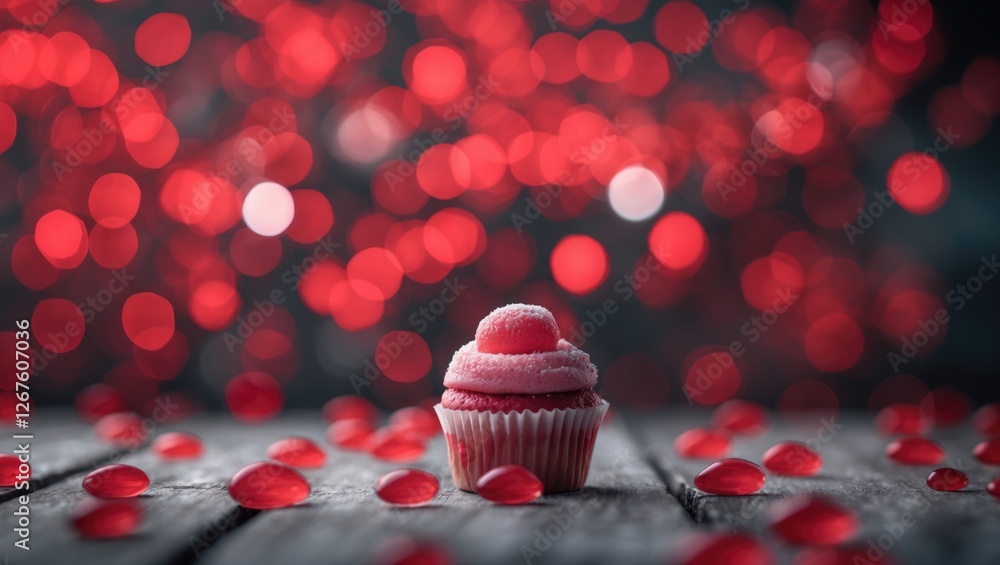 Poster cupcake on a wooden surface surrounded by red heart-shaped decorations with a blurry red bokeh backg