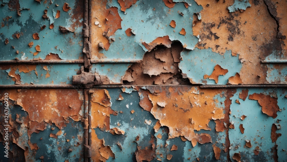 Poster worn corroded metal surface with peeling paint creating a grunge texture suitable for backgrounds an