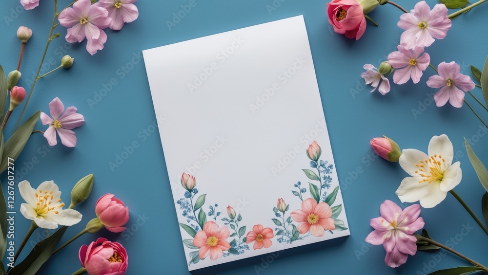 Poster white note paper surrounded by colorful spring flowers on blue background with blank space for text 