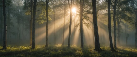 Mist-covered beech forest with sunlight streaming through trees creating a serene and enchanting atmosphere suitable for text overlay.