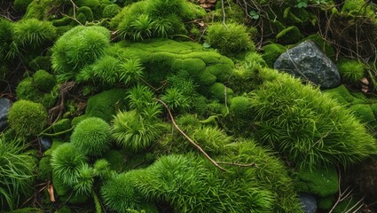 Lush green moss landscape with various textures and rock formations in a natural habitat showcasing biodiversity and tranquility.