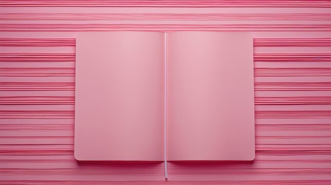 Pink lined paper texture with an open blank notebook on a vibrant pink background, ideal for stationery or design themes.