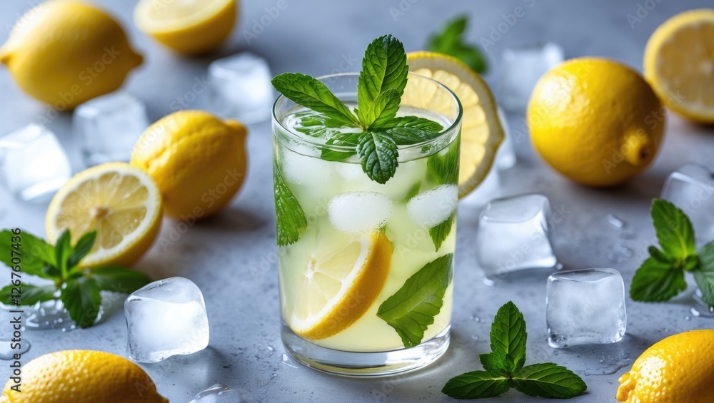 Aufkleber refreshing lemonade with mint and ice surrounded by whole lemons and mint leaves on a gray surface w