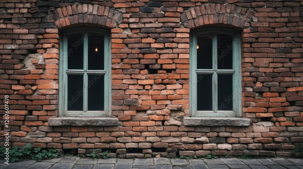 Poster brick wall with vintage windows showcasing rustic architecture and texture in an urban setting ideal
